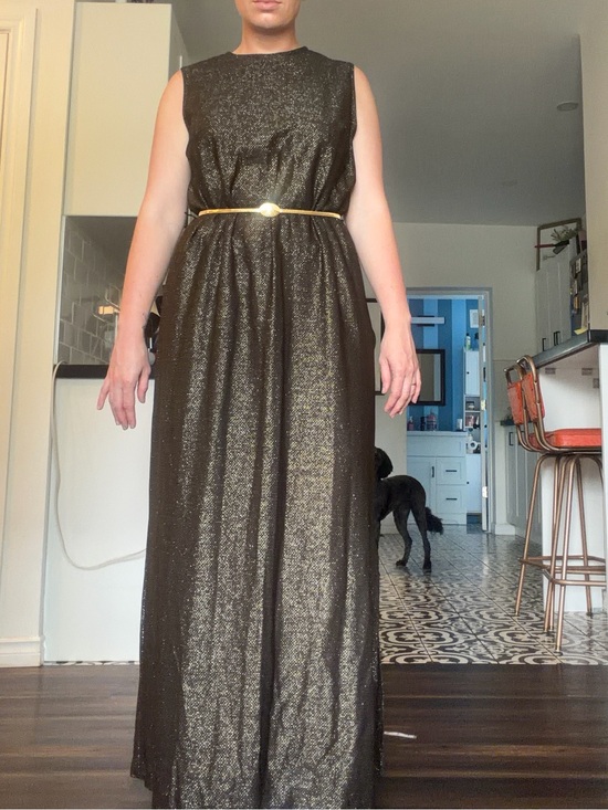 Vintage Dresses & Skirts - Vintage 70s Black Metallic Maxi Dress with Gold Belt